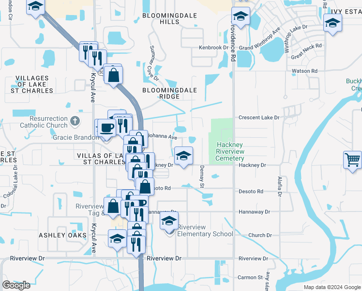 map of restaurants, bars, coffee shops, grocery stores, and more near 6927 Marble Fawn Place in Riverview