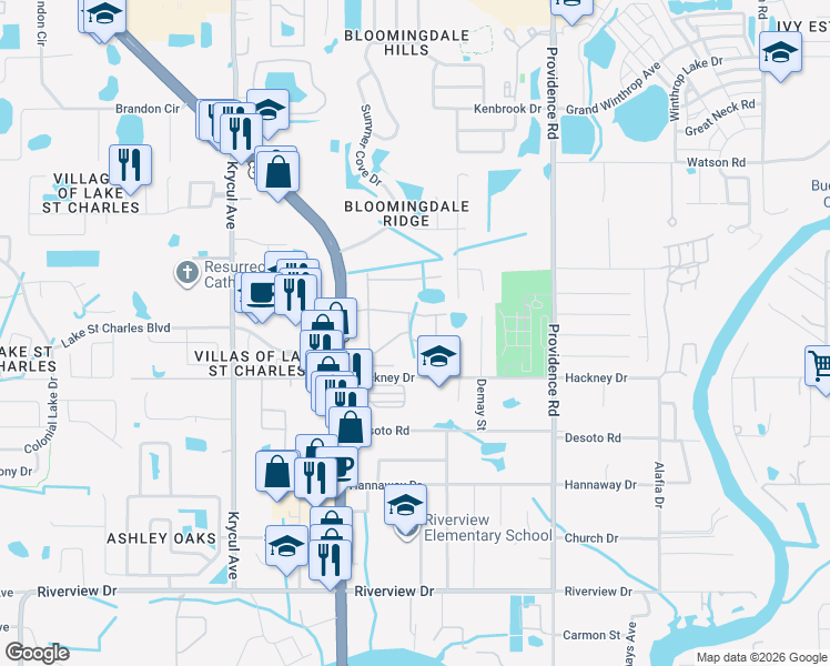 map of restaurants, bars, coffee shops, grocery stores, and more near 10852 Lake Saint Charles Boulevard in Riverview