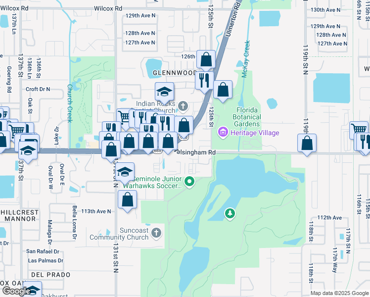 map of restaurants, bars, coffee shops, grocery stores, and more near 12651 Walsingham Road in Largo