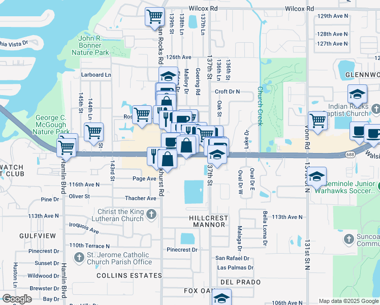 map of restaurants, bars, coffee shops, grocery stores, and more near 112 Walsingham Road in Largo