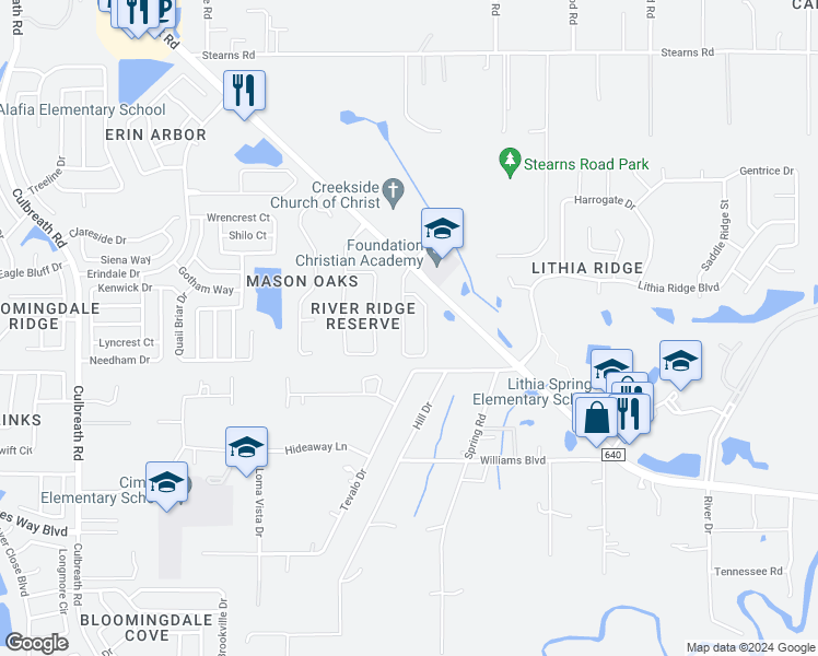 map of restaurants, bars, coffee shops, grocery stores, and more near 2924 Shetland Ridge Drive in Valrico