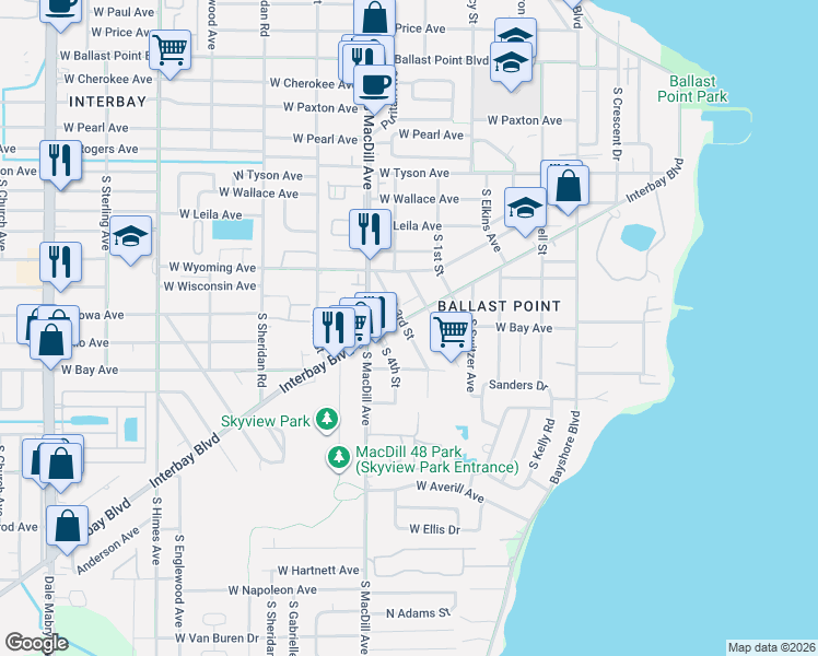 map of restaurants, bars, coffee shops, grocery stores, and more near 6016 Interbay Boulevard in Tampa