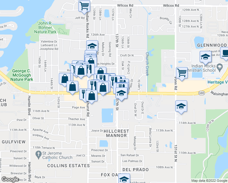 map of restaurants, bars, coffee shops, grocery stores, and more near 13723 Walsingham Road in Largo