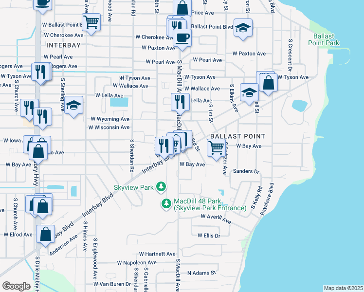 map of restaurants, bars, coffee shops, grocery stores, and more near 6027 Interbay Boulevard in Tampa