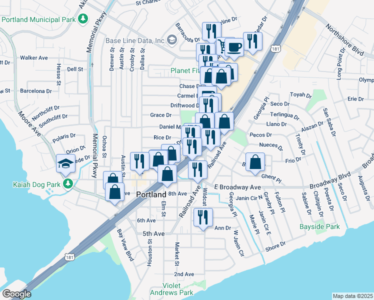 map of restaurants, bars, coffee shops, grocery stores, and more near 1037 U.S. 181 in Portland