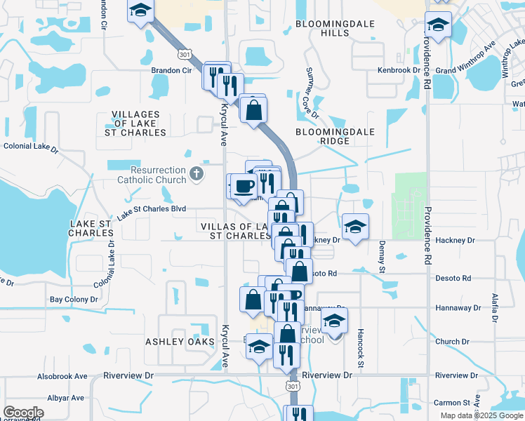 map of restaurants, bars, coffee shops, grocery stores, and more near 6929 U.S. 301 in Riverview