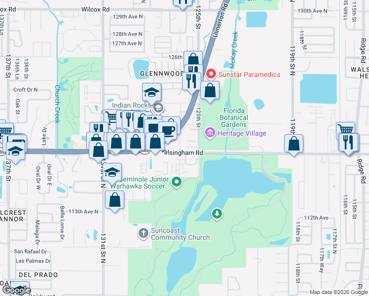 map of restaurants, bars, coffee shops, grocery stores, and more near 12651 Walsingham Road in Largo