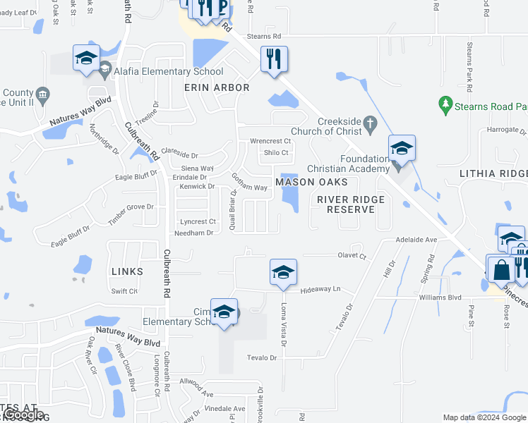 map of restaurants, bars, coffee shops, grocery stores, and more near 4007 Levonshire Place in Valrico