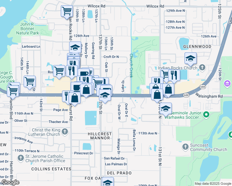 map of restaurants, bars, coffee shops, grocery stores, and more near 13489 Walsingham Road in Largo