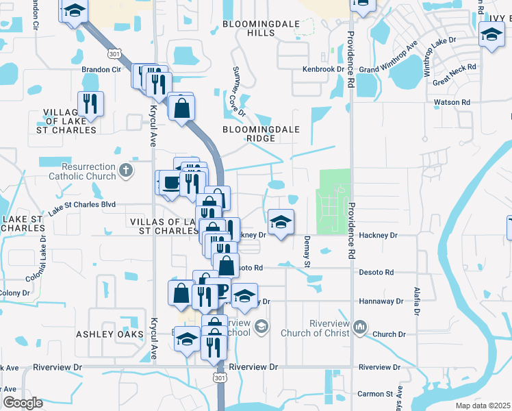 map of restaurants, bars, coffee shops, grocery stores, and more near 10852 Lake Saint Charles Boulevard in Riverview