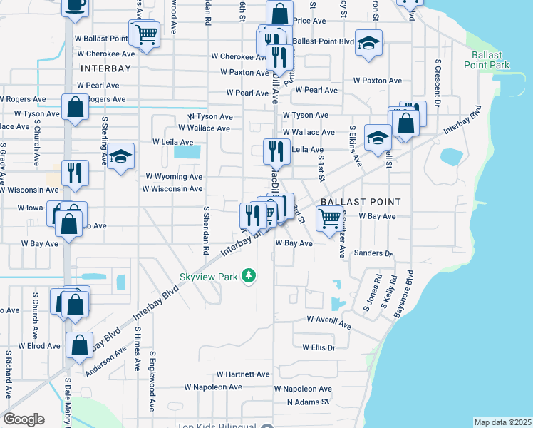 map of restaurants, bars, coffee shops, grocery stores, and more near 6027 Interbay Boulevard in Tampa