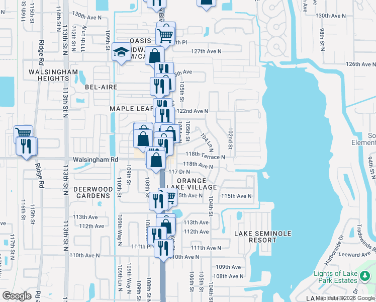 map of restaurants, bars, coffee shops, grocery stores, and more near 10564 118th Terrace North in Largo