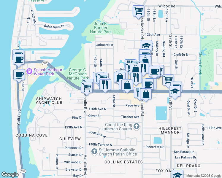 map of restaurants, bars, coffee shops, grocery stores, and more near 14385 Walsingham Road in Largo