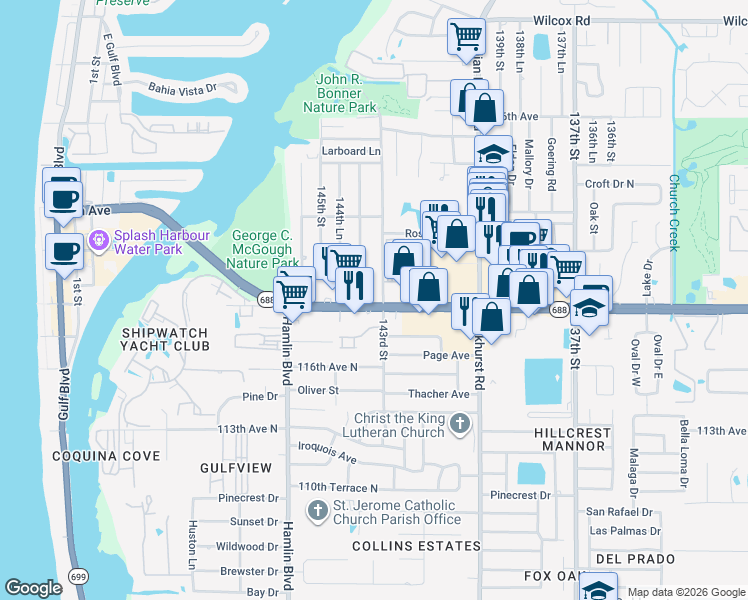 map of restaurants, bars, coffee shops, grocery stores, and more near 14385 Walsingham Road in Largo