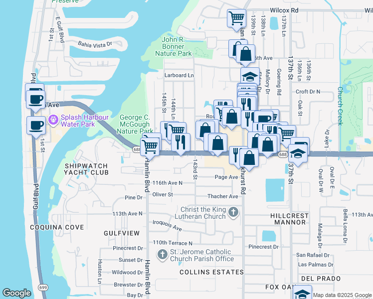 map of restaurants, bars, coffee shops, grocery stores, and more near 14385 Walsingham Road in Largo