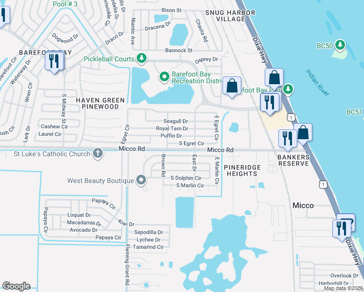 map of restaurants, bars, coffee shops, grocery stores, and more near 515 Egret Circle in Micco