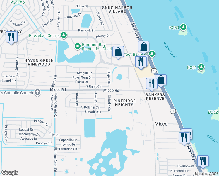map of restaurants, bars, coffee shops, grocery stores, and more near 467 Egret Circle in Sebastian