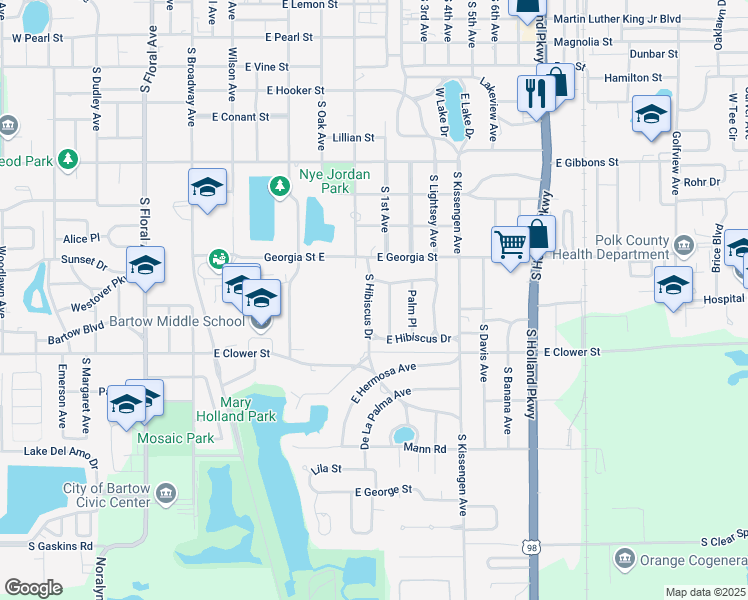 map of restaurants, bars, coffee shops, grocery stores, and more near 1570 South Hibiscus Drive in Bartow