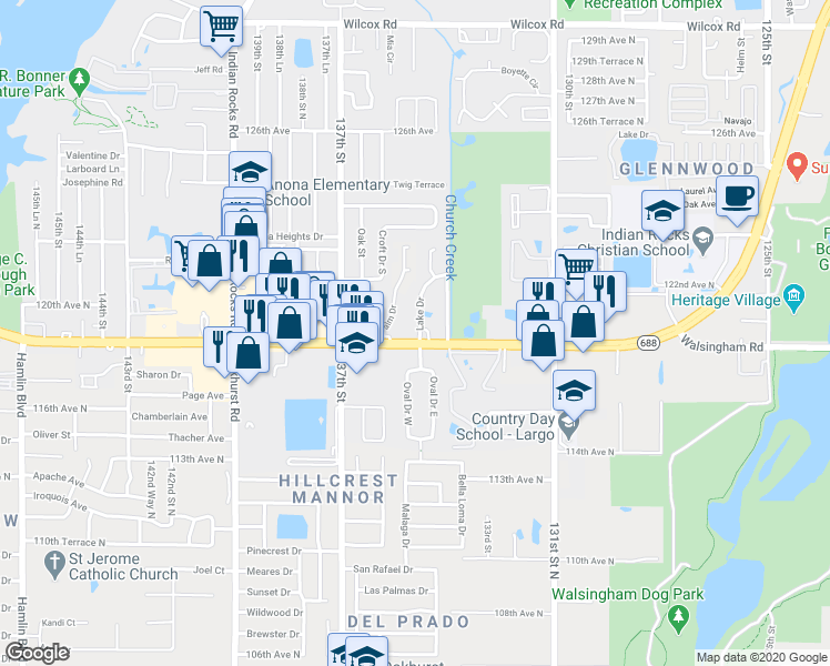 map of restaurants, bars, coffee shops, grocery stores, and more near 13489 Walsingham Road in Largo