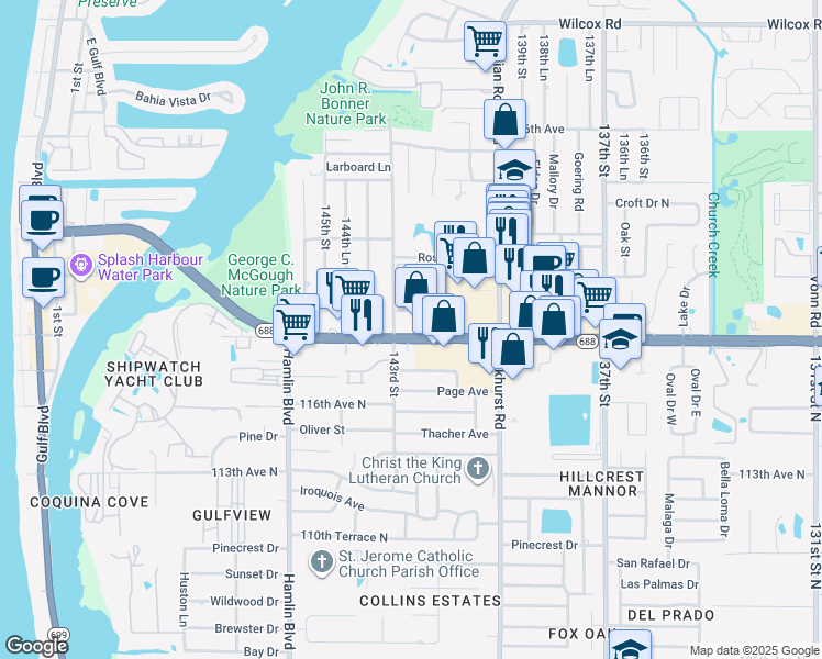 map of restaurants, bars, coffee shops, grocery stores, and more near 14219 Walsingham Road in Largo