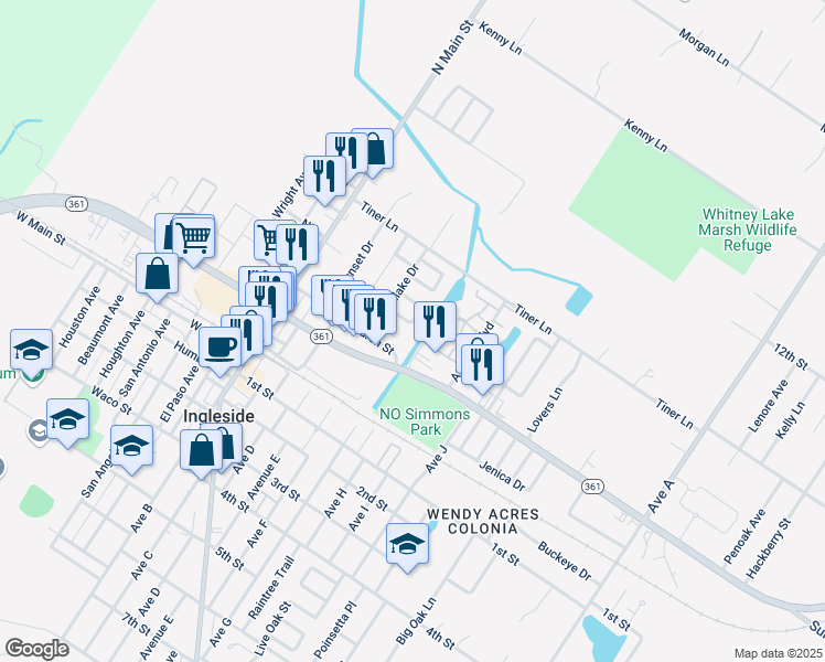 map of restaurants, bars, coffee shops, grocery stores, and more near 2224 Westlake Court in Ingleside