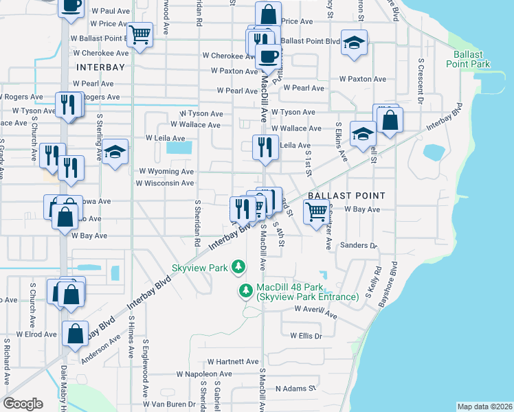 map of restaurants, bars, coffee shops, grocery stores, and more near 5822 South 5th Street in Tampa