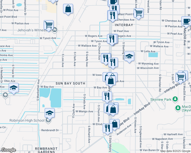map of restaurants, bars, coffee shops, grocery stores, and more near 3908 West Iowa Avenue in Tampa