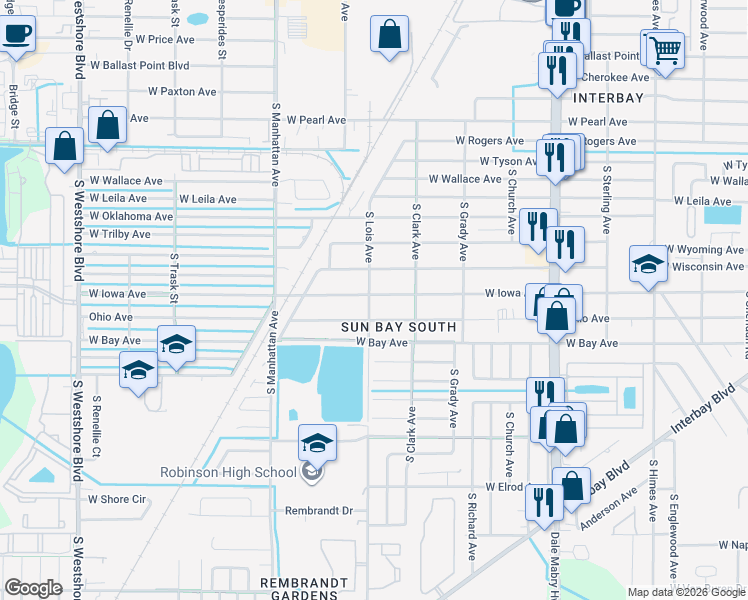 map of restaurants, bars, coffee shops, grocery stores, and more near in Tampa