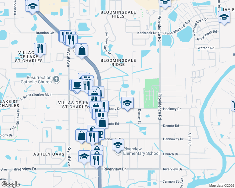 map of restaurants, bars, coffee shops, grocery stores, and more near 6917 Hawthorne Trace Lane in Riverview