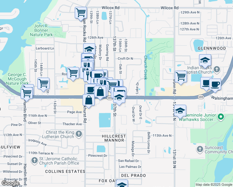 map of restaurants, bars, coffee shops, grocery stores, and more near 13723 Walsingham Road in Largo