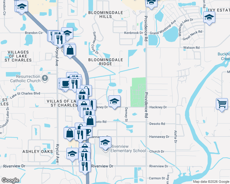 map of restaurants, bars, coffee shops, grocery stores, and more near 6910 Marble Fawn Place in Riverview