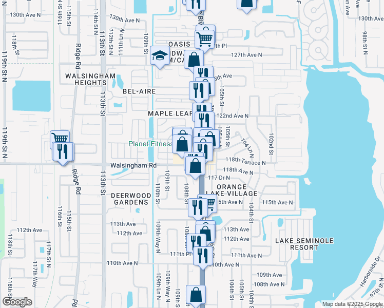 map of restaurants, bars, coffee shops, grocery stores, and more near 11912 Florida 595 in Largo