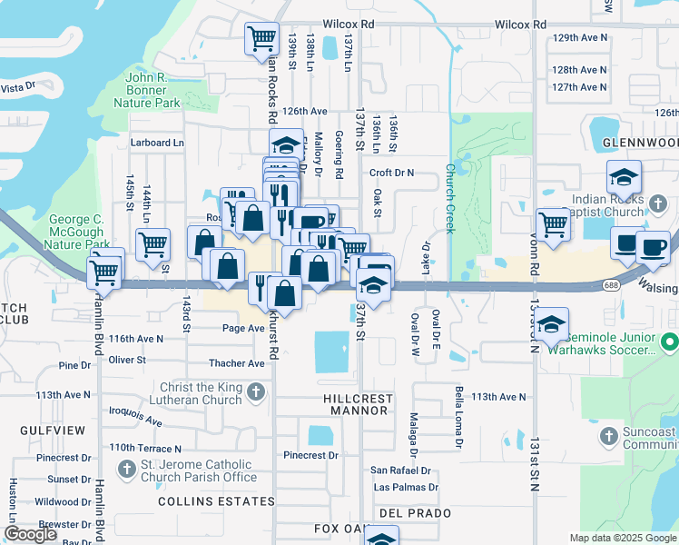 map of restaurants, bars, coffee shops, grocery stores, and more near 112 Walsingham Road in Largo