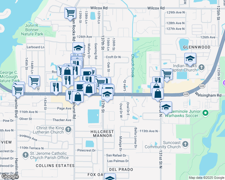 map of restaurants, bars, coffee shops, grocery stores, and more near 12600 Palm Drive in Largo