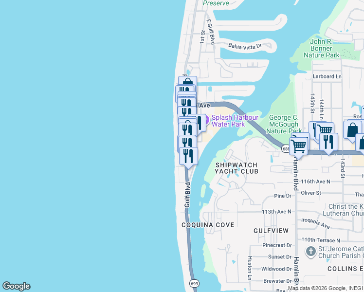map of restaurants, bars, coffee shops, grocery stores, and more near 304 Gulf Boulevard in Indian Rocks Beach