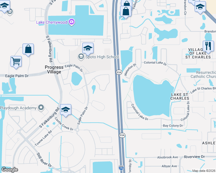 map of restaurants, bars, coffee shops, grocery stores, and more near 9006 Moonlit Meadows Loop in Riverview