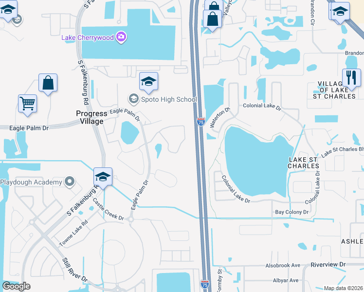 map of restaurants, bars, coffee shops, grocery stores, and more near 9004 Moonlit Meadows Loop in Riverview