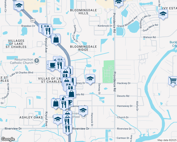 map of restaurants, bars, coffee shops, grocery stores, and more near 6927 Marble Fawn Place in Riverview