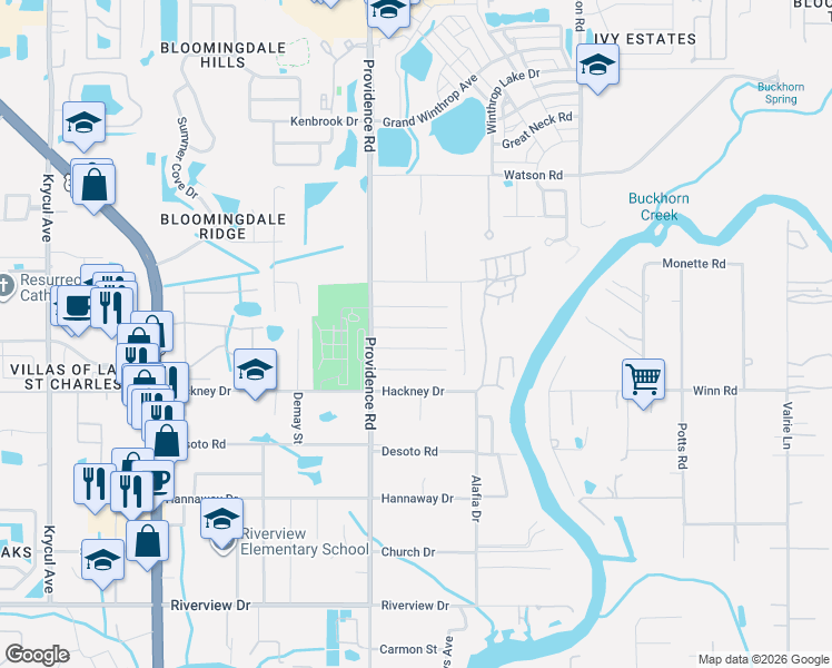 map of restaurants, bars, coffee shops, grocery stores, and more near 11116 Mahin Lane in Riverview