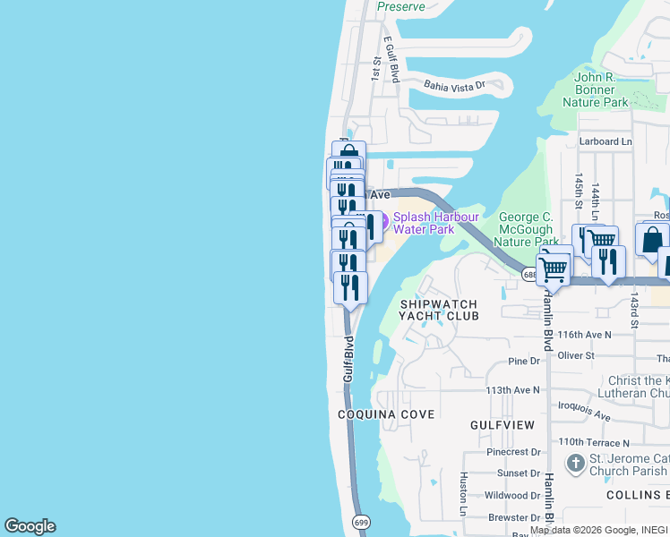map of restaurants, bars, coffee shops, grocery stores, and more near 304 Gulf Boulevard in Indian Rocks Beach