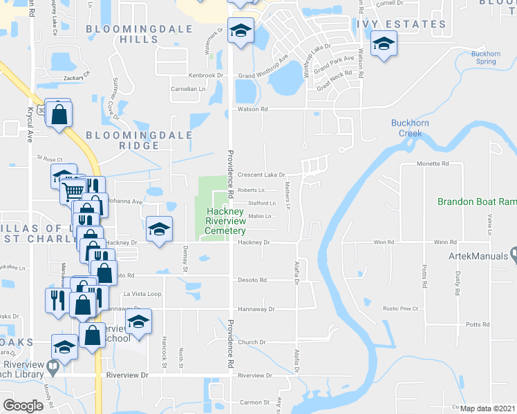 map of restaurants, bars, coffee shops, grocery stores, and more near 11115 Stafford Lane in Riverview