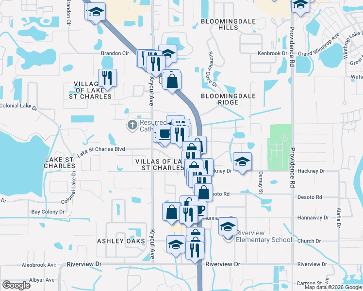 map of restaurants, bars, coffee shops, grocery stores, and more near 6917 U.S. 301 in Riverview