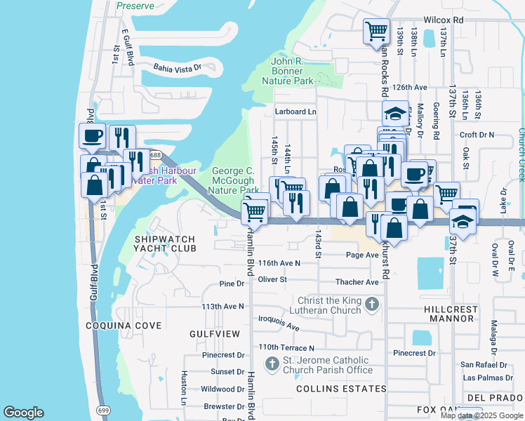 map of restaurants, bars, coffee shops, grocery stores, and more near 13401 Old Indian Rocks Road in Largo