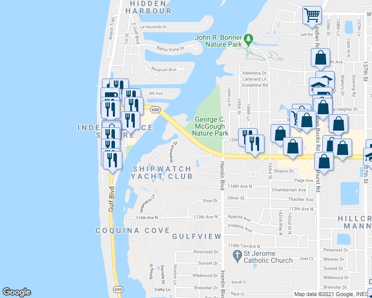 map of restaurants, bars, coffee shops, grocery stores, and more near 14800 Walsingham Road in Largo