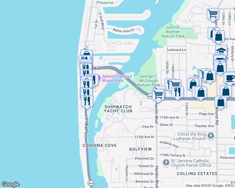 map of restaurants, bars, coffee shops, grocery stores, and more near 11730 Shipwatch Drive in Largo