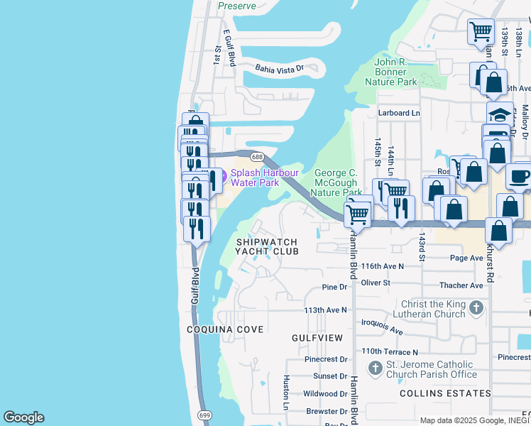 map of restaurants, bars, coffee shops, grocery stores, and more near 14800 Walsingham Road in Largo