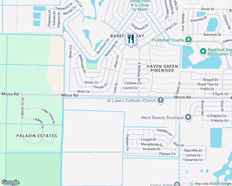 map of restaurants, bars, coffee shops, grocery stores, and more near 700 Lark Drive in Sebastian