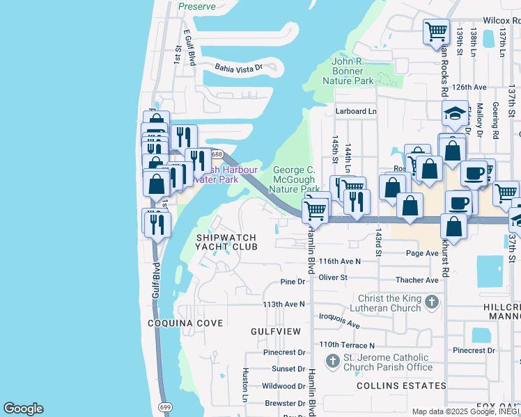 map of restaurants, bars, coffee shops, grocery stores, and more near 14800 Walsingham Road in Largo