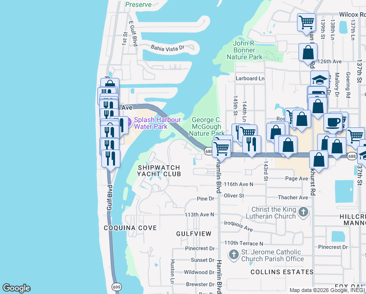 map of restaurants, bars, coffee shops, grocery stores, and more near 14800 Walsingham Road in Largo