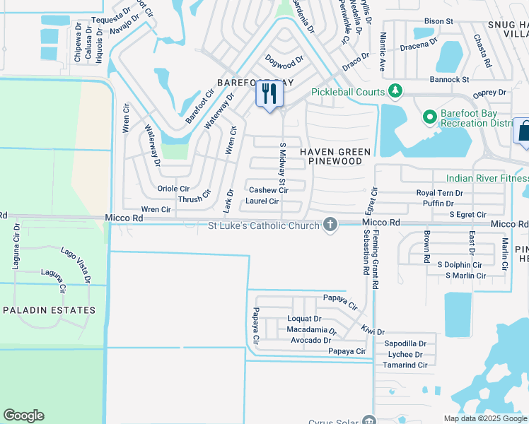 map of restaurants, bars, coffee shops, grocery stores, and more near 919 Laurel Circle in Sebastian